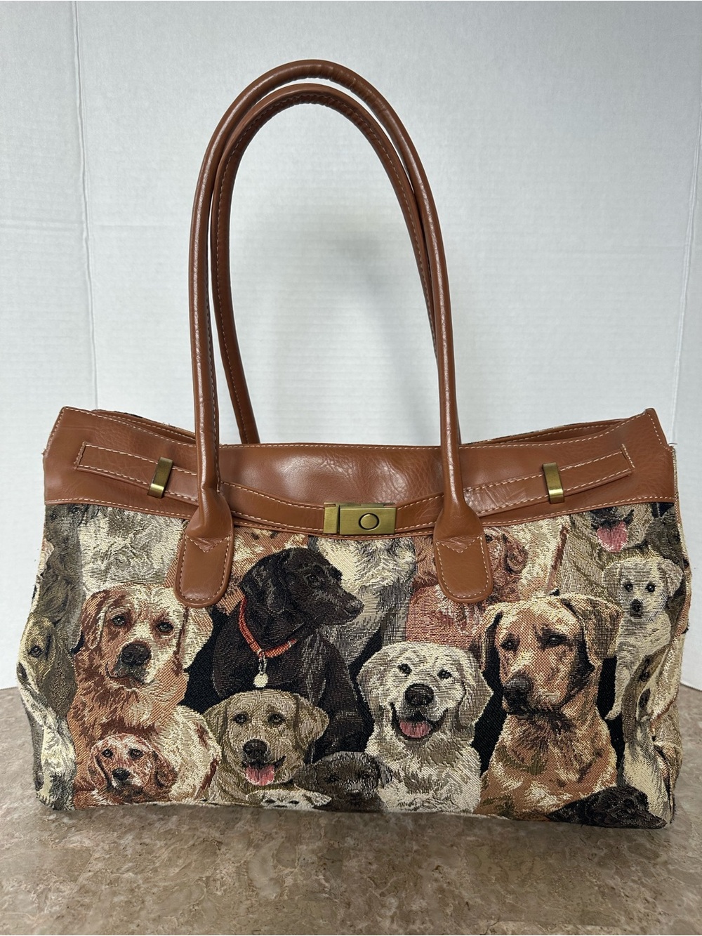Signare Tapestry Dog Print Shoulder Bag Woven Collage Tote Cottagecore Dog Tote